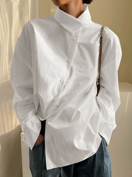 

Simple Daily Plain Long sleeve Asymmetrical Blouse, White, Blouses and Shirts