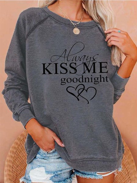 

Women Love Kiss Family Letters Crew Neck Casual Sweatshirts, Gray, Hoodies&Sweatshirts