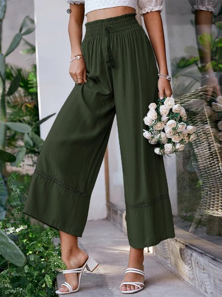 

Plain Lace Edge Vacation Fashion Pants, Army green, Pants