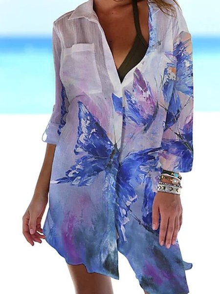 

Shirt Collar Vacation Butterfly Dresses, Multicolor, Dresses
