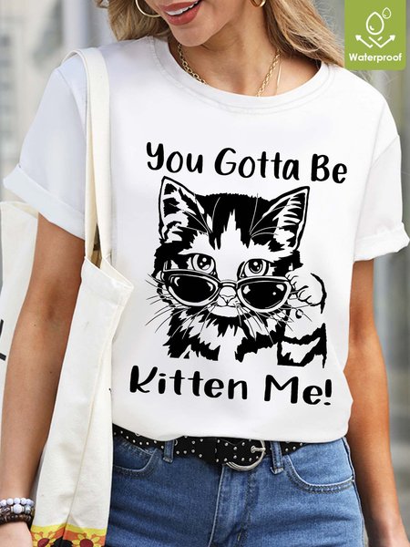 

Women Cute Cat Letter Waterproof Oilproof Stainproof Fabric Loose T-Shirt, White, T-shirts