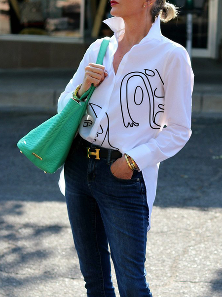 

Autumn No Elasticity A-Line Urban Abstract Daily Blouse, White, Blouses and Shirts