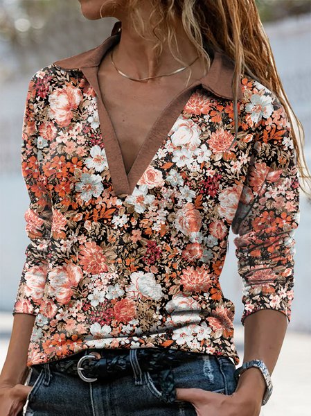 

V-Neck Knit Long Sleeve Top in Casual Floral Design, Brown, Tops
