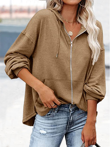 

Plain Cotton-Blend Hoodie Coat, Brown, Hoodies & Sweatshirts