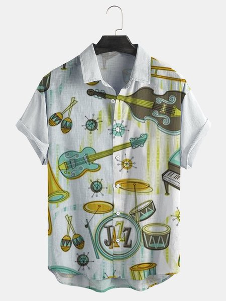

Cotton Linen Music Print Casual Short Sleeve Shirt, As picture, Men's Floral shirt