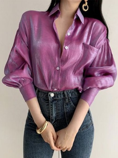 

Shirt Collar Simple Long Sleeve Blouse, Rose red, Blouses and Shirts