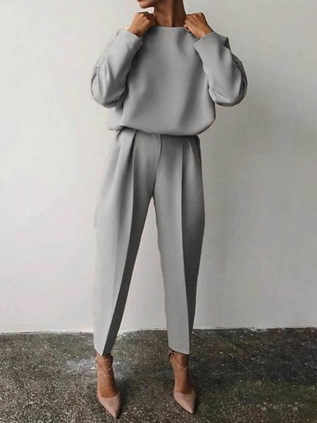 

Simple Plain Two Piece Pants Set, Gray, Pants Set
