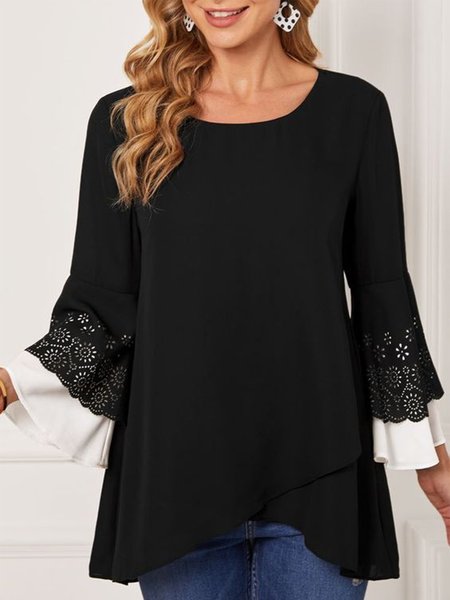 

Elegant Flare Sleeve Irregular Craftsmanship Tops, Black, Shirts & Blouses