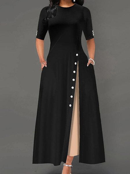 

Elegant Black Panel Contrast Crew Neck Knit Dress, Dresses