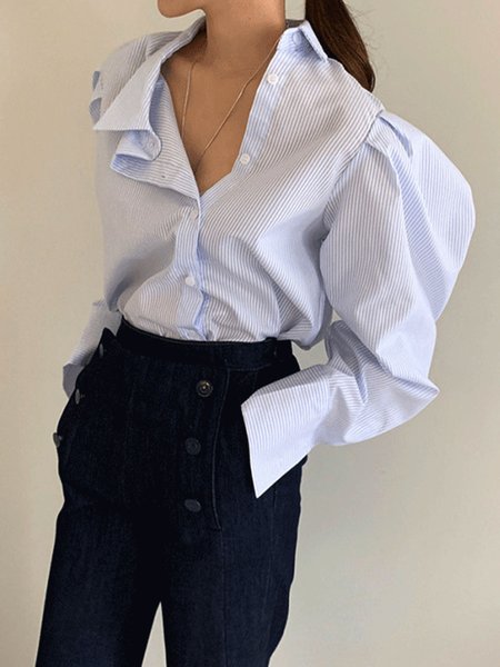 

Daily Long sleeve Urban Asymmetrical Striped Blouse, Blue, Blouses and Shirts