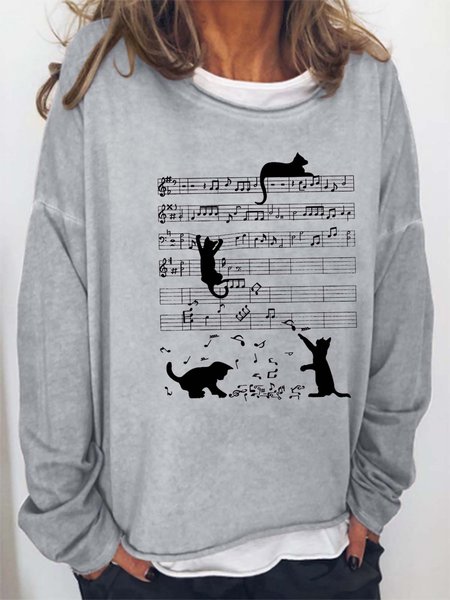 

Women Cat Music Printing Loose Casual Sweatshirt, Gray, Hoodies&Sweatshirts