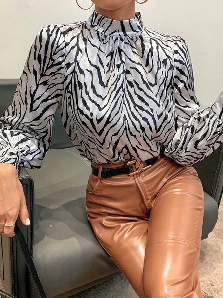

Striped Long Sleeve Daily Elegant Top, Black-white, Blouses and Shirts