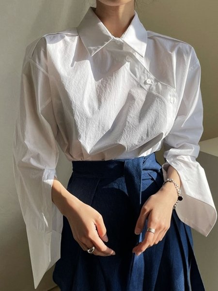 

Daily Long sleeve Regular Fit Shirt Collar Plain Blouse, White, Blouses and Shirts