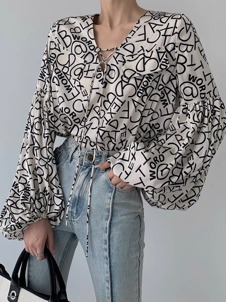 

Autumn Long sleeve H-Line V Neck Urban Daily Tops, Black, Blouses and Shirts