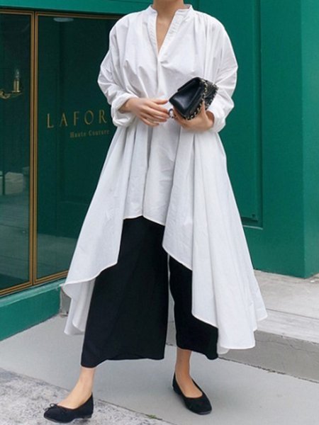 

Daily Loose Stand Collar Plain Irregular Craftsmanship Blouse, White, Blouses and Shirts