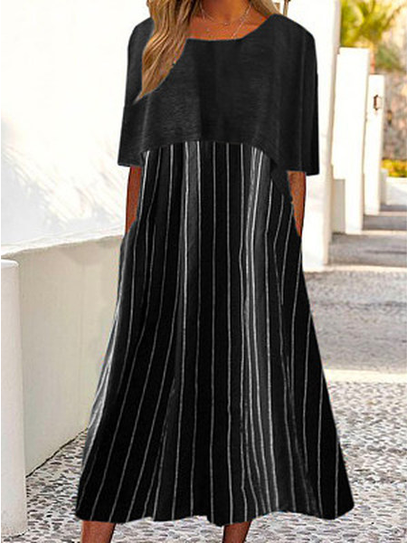 

Striped Loose Cotton-Blend Dresses, Black, Dresses