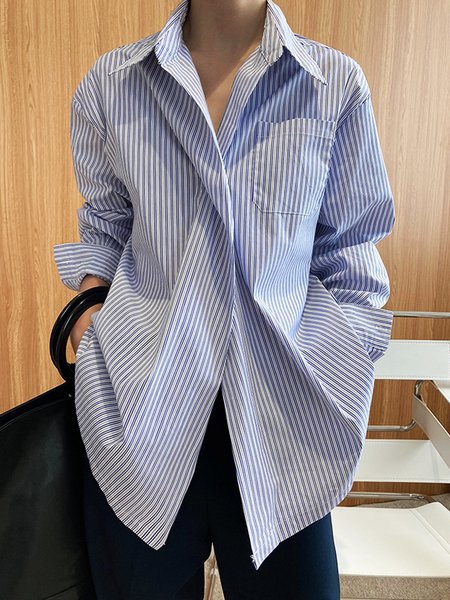 

Daily Work Cross Shirt Collar Stripe Long Sleeve Blouse, Blouses and Shirts
