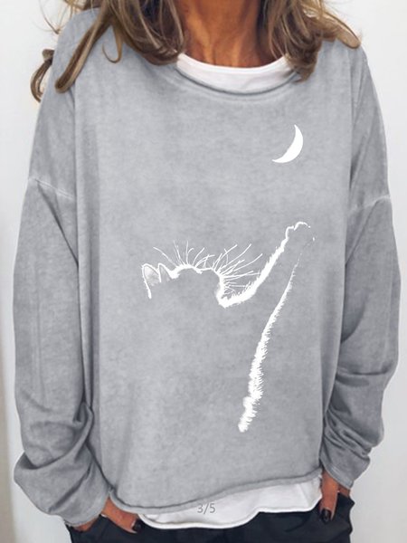 

Women's Cat Moon Printed Casual Crew Neck Sweatshirt, Light gray, Hoodies&Sweatshirts
