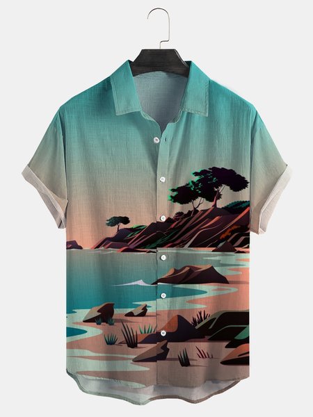 

Cotton And Linen Holiday Leisure Short-sleeved Shirt, As picture, Men's Floral shirt