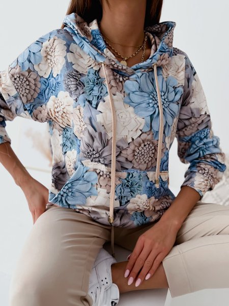 

Loose pocket hooded drawstring floral sweater plus size, Blue, Sweatshirts & Hoodies