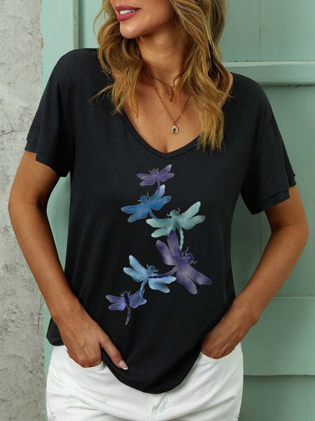 

Women Gragonfly Printing V Neck Cotton-Blend Dragonfly T-Shirt, Black, T-shirts