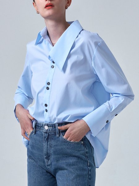 

Long Sleeve Asymmetrical Plain Simple Blouse, Blue, Blouses and Shirts