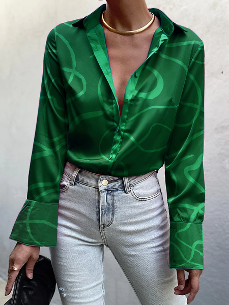 

Autumn H-Line Long sleeve Regular Fit Shirt Collar Daily Blouse, Green, Blouses and Shirts