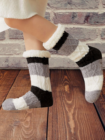 

Casual Contrast Color Striped Plus Fleece Socks Home Floor Socks, Black, Socks