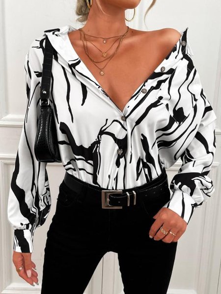 

Urban Daily Abstract Printed Shirt Collar Blouse, White, Blouses and Shirts