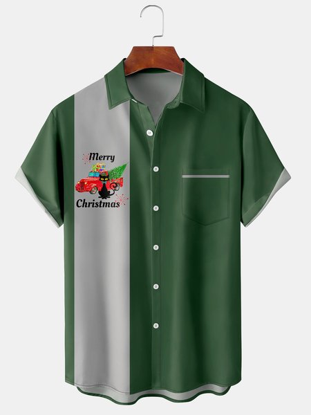 

Casual Style Holiday Series Retro Christmas Christmas Tree Car Medieval Cat Element Pattern Lapel Short-Sleeved Shirt Print Top, Green, Shirts ＆ Blouse