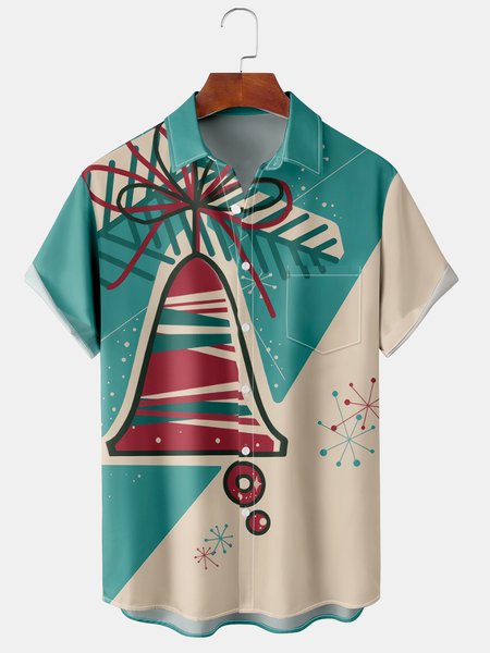 

Casual Style Holiday Series Retro Christmas Bell Element Pattern Lapel Short-Sleeved Shirt Print Top, Cyan, Shirts ＆ Blouse