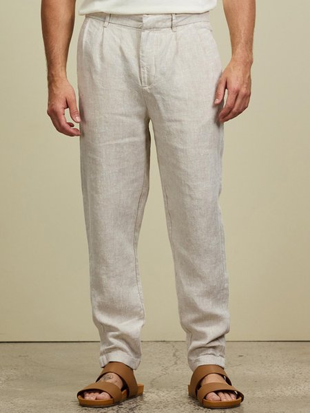 

Cotton and Linen Plain Hawaiian Casual Trousers, As picture, Men's pants