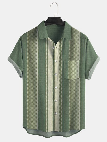 

Cotton Linen Striped Casual Short Sleeve Shirt, As picture, Men's Floral shirt