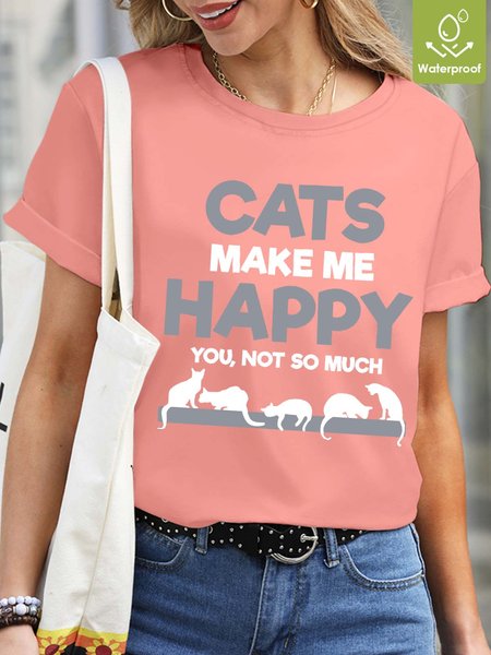 

Women Cat Letter Waterproof Oilproof Stainproof Fabric Crew Neck Loose Animal T-Shirt, Pink, T-shirts