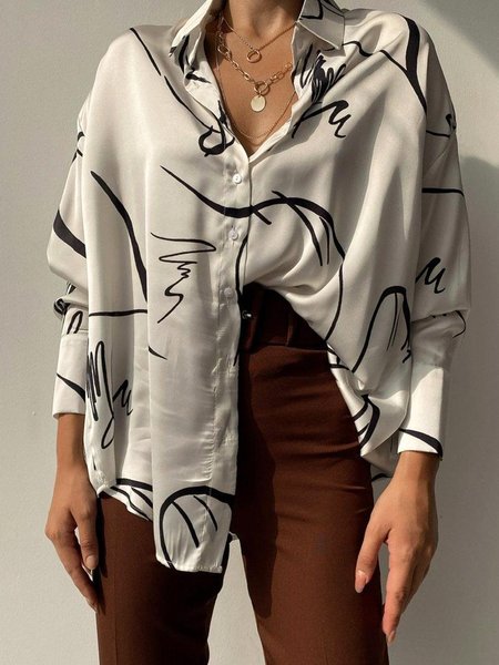 

Daily Abstract Printed Shirt Collar Loose Blouse, As picture, Blouses and Shirts