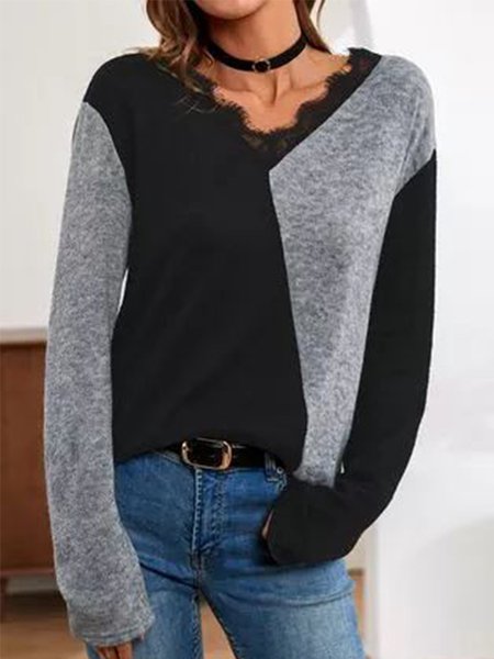 

Casual Lace Edge Color Block Tops, Black-grey, T-Shirts