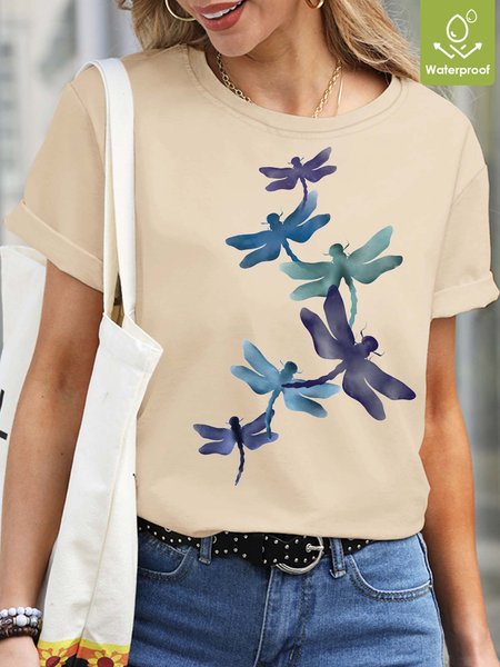 

Women Waterproof Oilproof Stainproof Fabric Casual Dragonfly T-Shirt, Apricot, T-shirts
