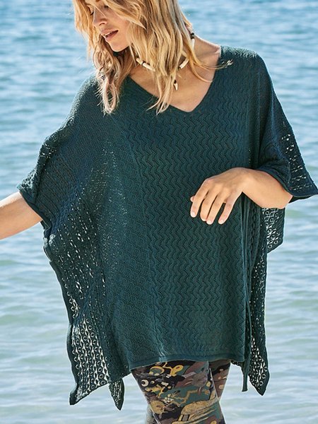

Plain bat sleeve pick hole holiday sweater plus size, Darkgreen, Sweaters