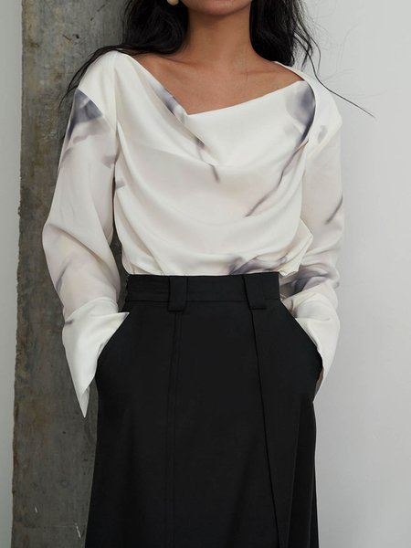

Loosen Daily Abstract Boat Neck Elegant Top, White, Blouses and Shirts