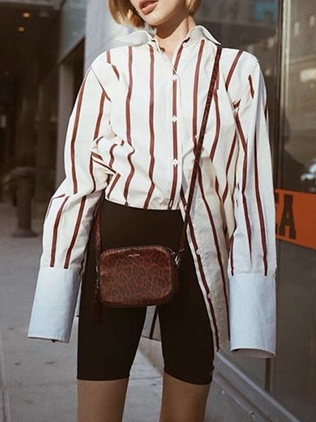 

Daily Long sleeve Shirt Collar Striped Urban Blouse, Apricot, Blouses and Shirts