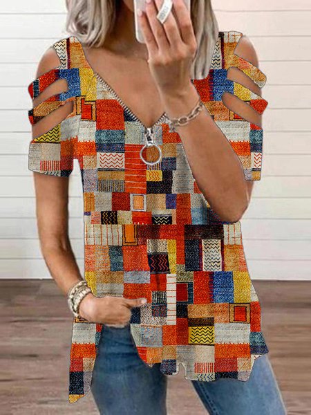 

V Neck Regular Fit Casual Zipper Tops, Multicolor, Shirts & Blouses