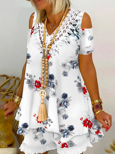 

Floral V Neck Two Piece Sets, White, Dresses