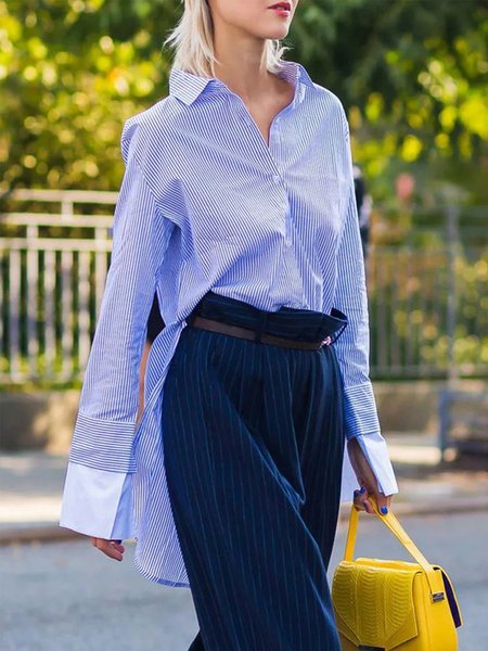 

Commuting Work Shirt Collar Urban Striped Blouse, Stripe, Blouses and Shirts