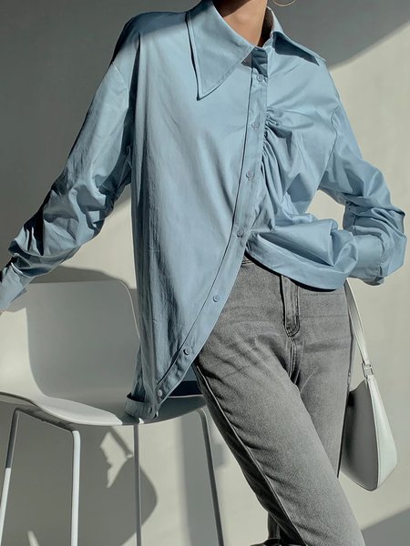 

Plain Urban Shirt Collar Long Sleeve Asymmetrical Blouse, Blue, Blouses and Shirts