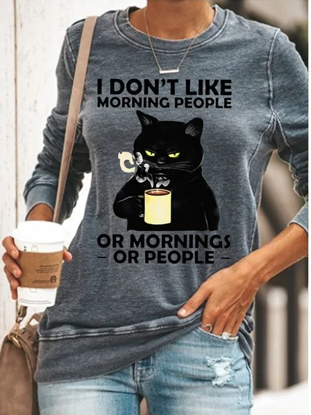 

Womens Funny I Dont Like Morning Black Cat Casual Sweatshirt, Gray, Hoodies&Sweatshirts