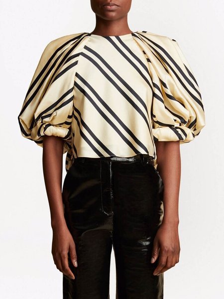 

Lantern Sleeve Striped Crew Neck Elegant Blouse, Yellow, Blouses and Shirts