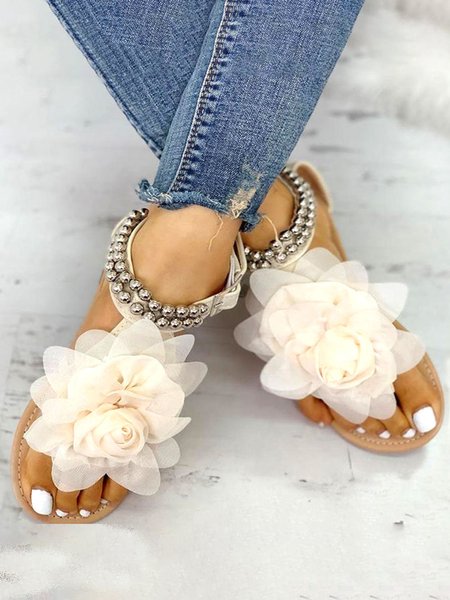 

Mesh 3D Floral Beaded Flip Flop Flat Sandals, Off white, Sandals