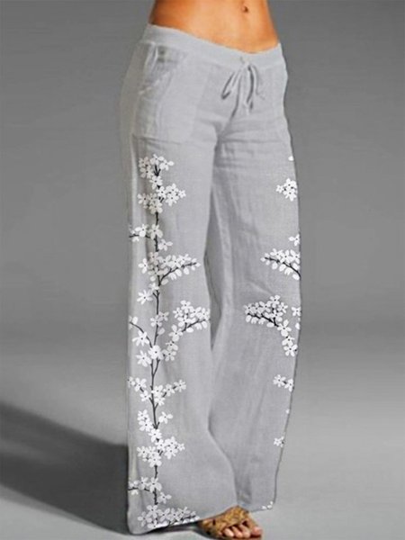 

Casual Floral Drawstring Pants, Gray, Pants
