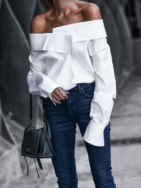

Autumn H-Line Long sleeve Urban Plain Cold Shoulder Daily Blouse, White, Blouses and Shirts
