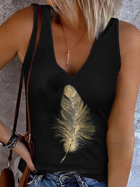 

Feather Pattern V Neck Tanks & Camis, Black, Tanks & Camis